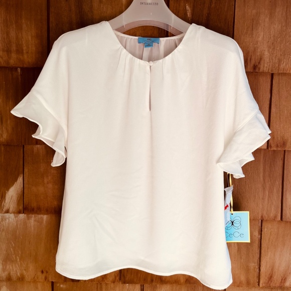 CeCe Women's Drop Shoulder Wide Neck Ruched Blouse Color: New Ivory Size XS - Picture 5 of 16